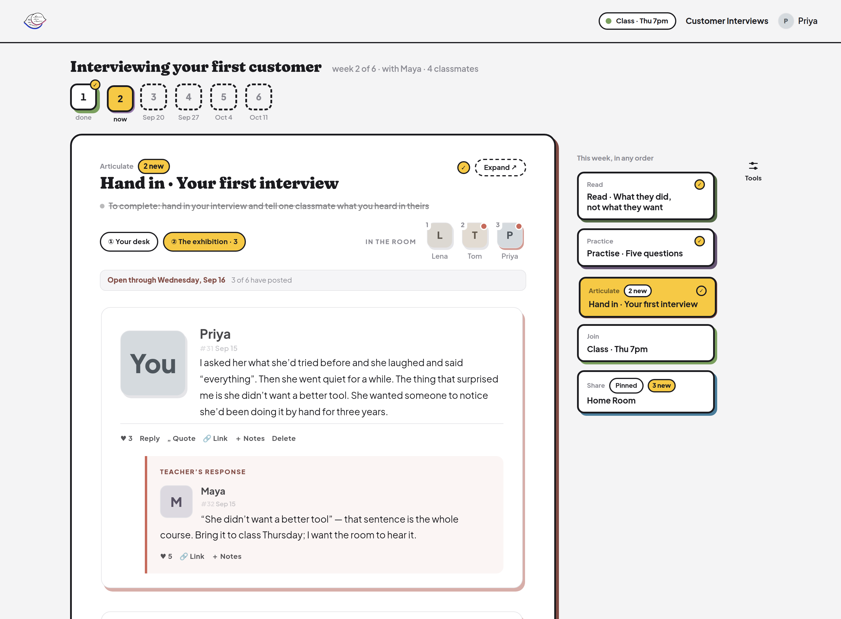 A class in LearnParty: this week’s hand-in with the window still open, three students’ write-ups, and the teacher’s reply under each one.